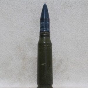 25mm Bushmaster fired case dummy round with blue tpt projectile, Price Each