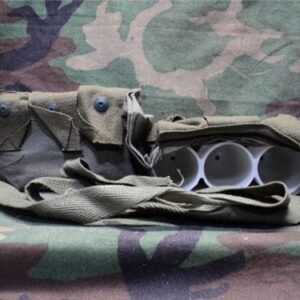 40 mm Six round canvas bandoleer with deep plastic protector for high explosive or pyro. Rounds. (rounds not included with this item).