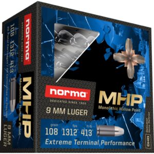 Norma Home Defense MHP Ammunition 9mm Luger 108 Grain Monolithic Hollow Point Lead Free Box of 20 9MM cdvs.us