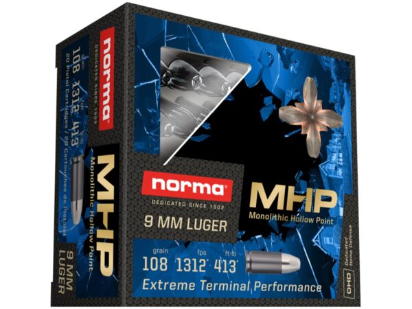 Norma Home Defense MHP Ammunition 9mm Luger 108 Grain Monolithic Hollow Point Lead Free Box of 20