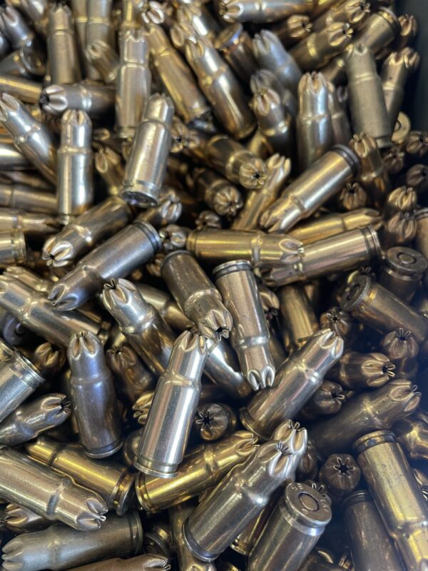 9MM Luger Re-loadable, Non Corrosive, crimp type blanks for re-enactments. 100 round bag.