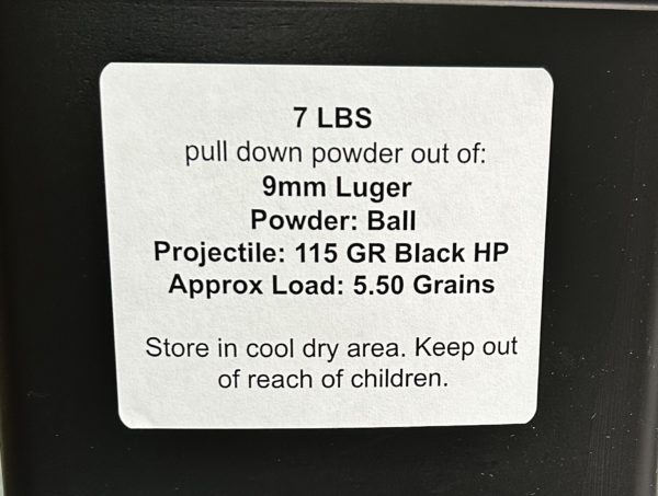 9mm Luger pull down powder out of 115 GR Black HP . 7 LBS 9MM www.cdvs.us