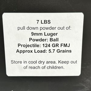 9mm Luger pull down powder out of 124 GR FMJ  . 7 LBS De-Mill Products www.cdvs.us