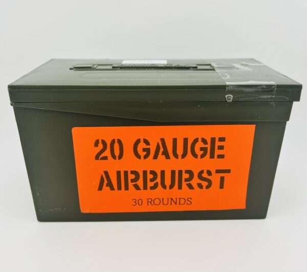 20 gauge Air Burst ammo. 30 rounds in a plastic ammo can.