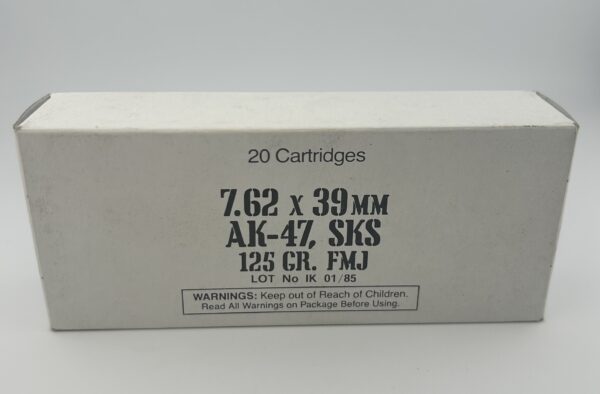 7.62x39 AK-47 SKS Yugoslavia 125 Grain, FMJ Ball Ammo. 20 Round Box