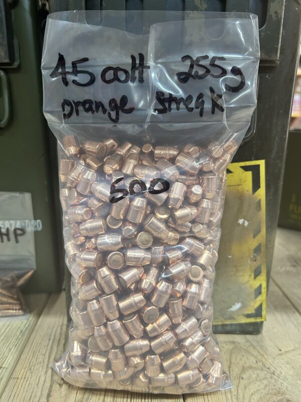 .450 to .451Dia. 255 Grain TMJ (Plated) Orange Streak Pulled Bullets – 500 round bag. Has Pull Marks