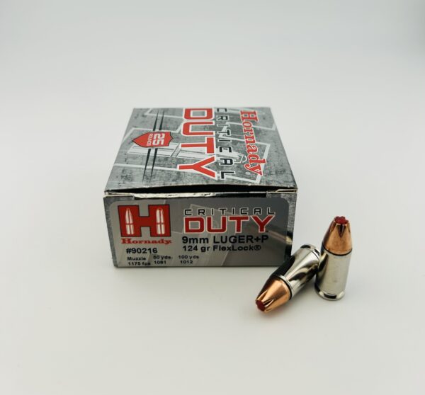 Hornady Critical Duty 9mm Luger +P Ammo 124 Grain Hornady FlexLock Polymer Tip Box of 25