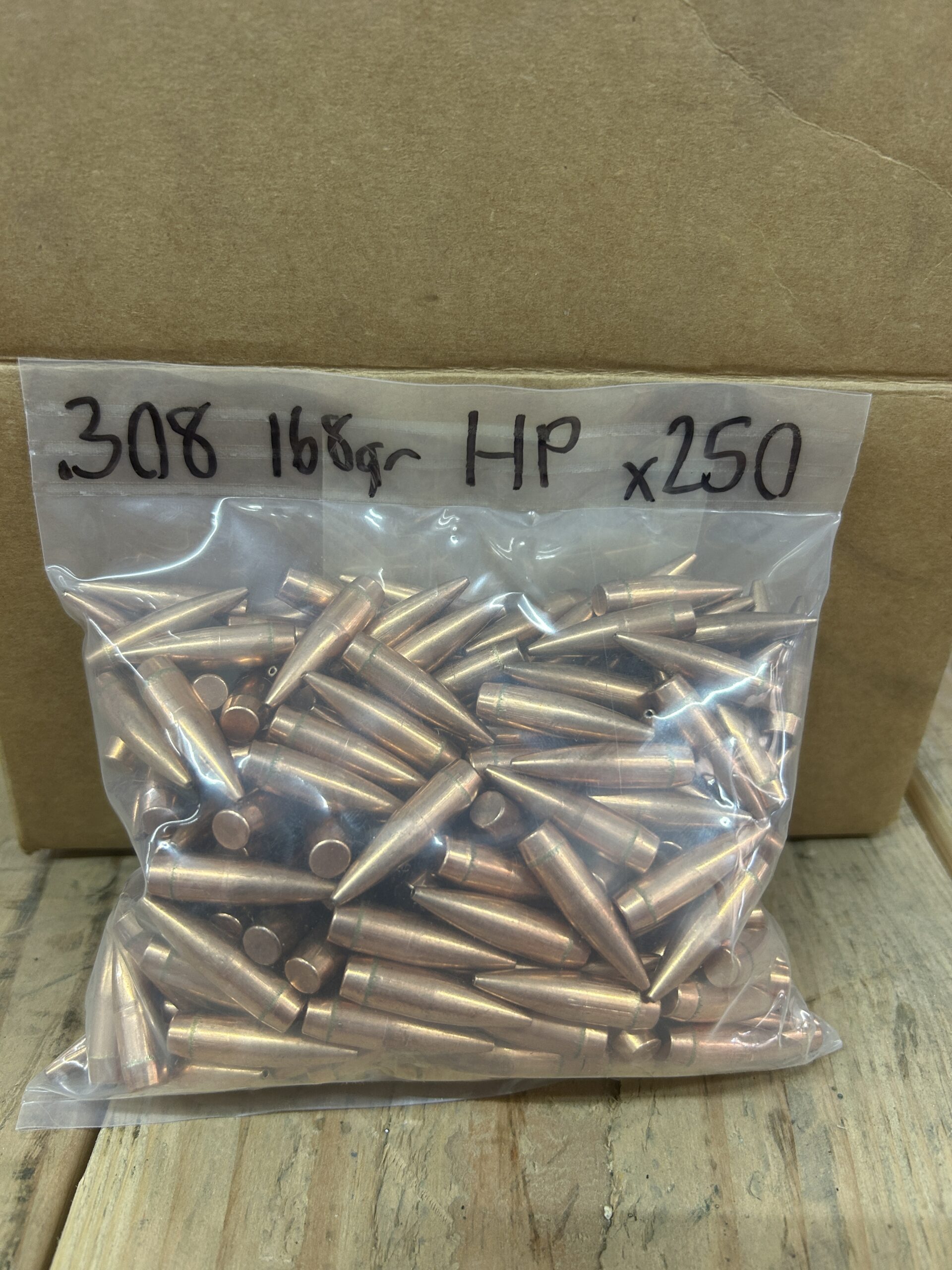 .308 DIAMETER 168 GRAIN B.T. HOLLOW POINT BULLETS with Sealer. 250 pack.