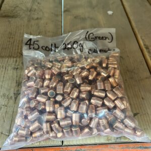 .450 to .451Dia. 250 Grain TMJ (Plated) Green Streak Pulled Bullets – 500 round bag. Has Pull Marks