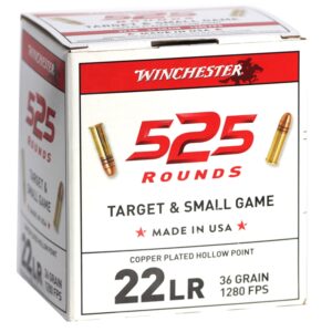 Winchester USA 22 Long Rifle Ammo 36 Grain Copper-Plated Hollow Point. 525 RD. Box