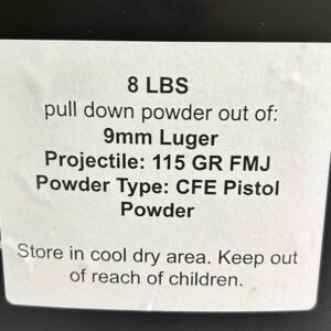 9mm CFE Pistol Pull Down Powder of out 115 Grain Ammunition. 8 LBS.