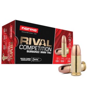 NORMA RIVAL COMPETITION SUBSONIC 9MM 158GR TMJ AMMUNITION.