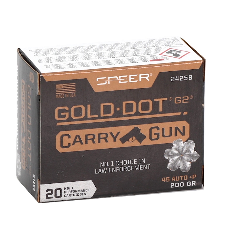 Speer Gold Dot G2 45 ACP Auto +P Ammo 200 Grain Jacketed Hollow Point. 20 Rounds