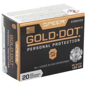 Speer Gold Dot 45 ACP Auto Ammo 185 Grain Jacketed Hollow Point. 20 Rounds.