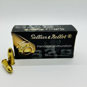 Sellier and Bellot 9mm Brass case, 124 Grain FMJ ammo.