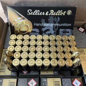 Sellier and Bellot 9mm Brass case, 115 Grain FMJ ammo.
