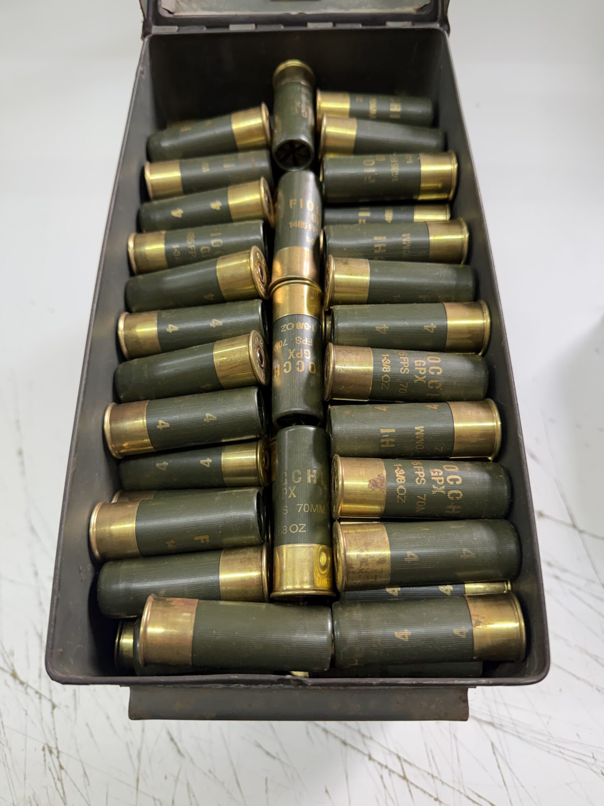 FIOCCHI 12 GAUGE, LOOSE IN 50 CALIBER CAN. BLEMS. 250 ROUNDS