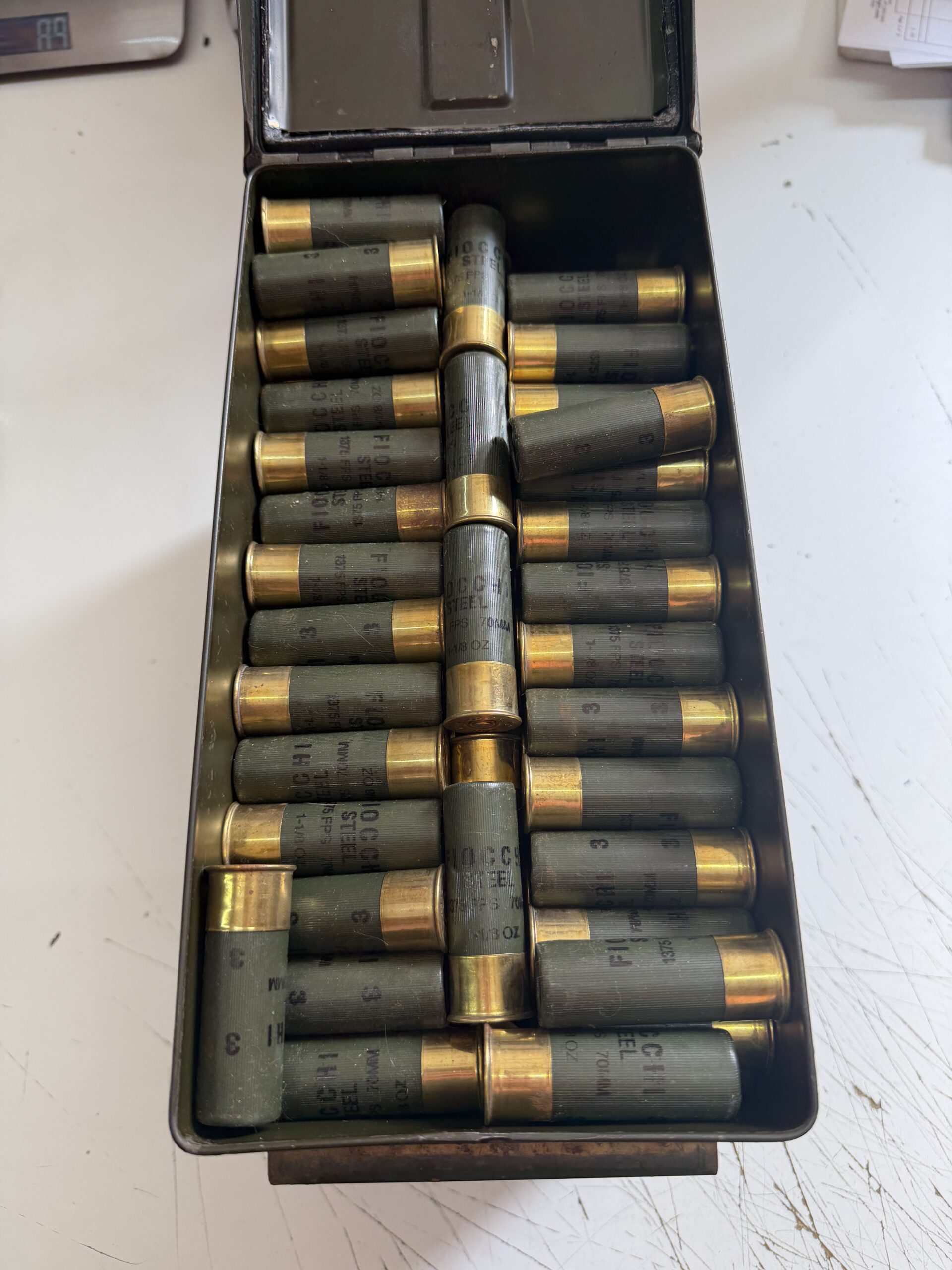 FIOCCHI 12 GAUGE, LOOSE IN 50 CALIBER CAN. BLEMS. 250 ROUNDS